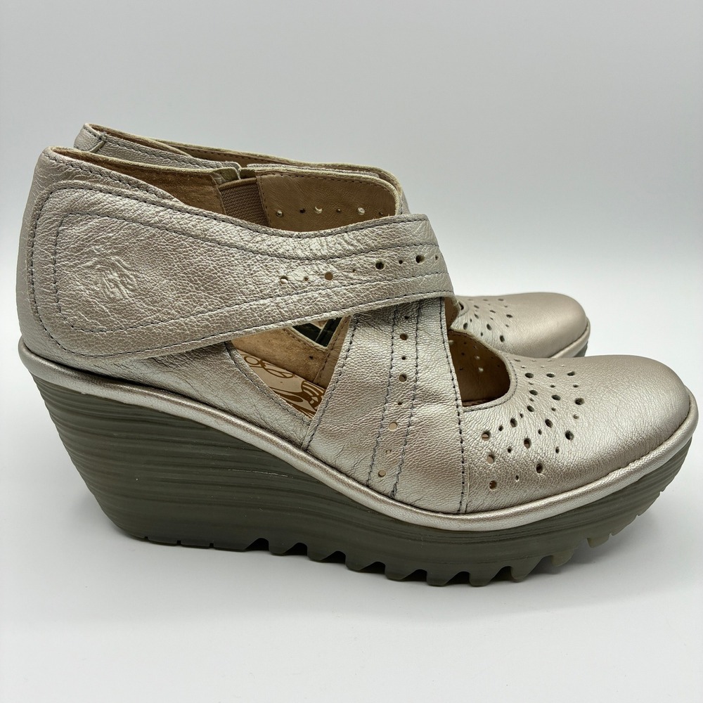 Fly London Yepe Wedge Sandals Womens 38 7.5-8 Gold Leather Perforated Mary Jane - Picture 6 of 15